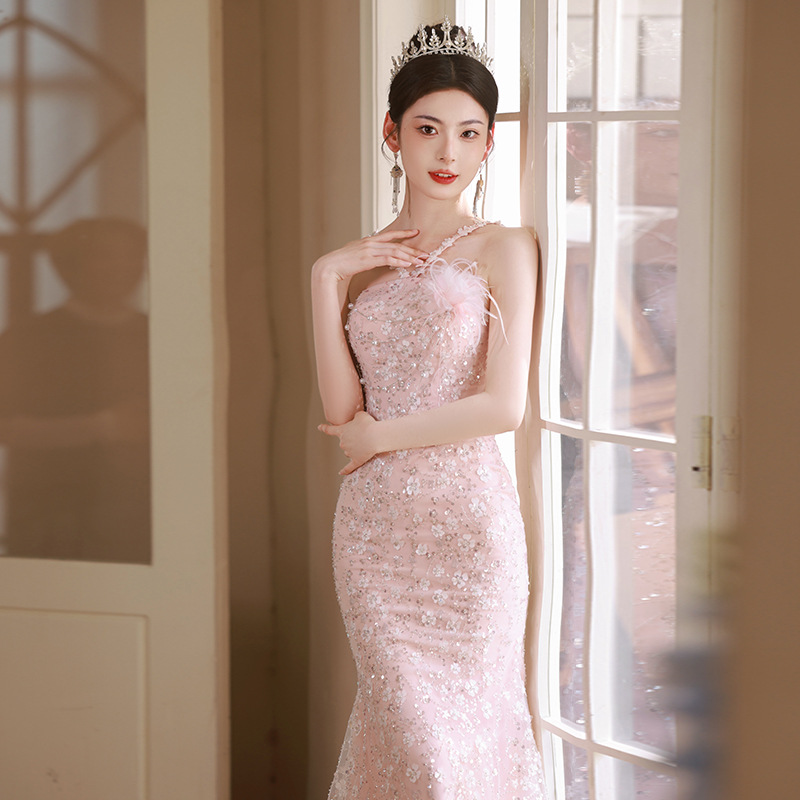 Vestido de noche elegante rosa con cuello halter, estilo sirena, para novia, compromiso, brindis, cumpleaños, verano image 7