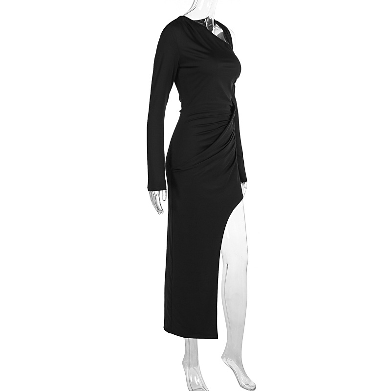 Autumn Winter Sexy Personality Oblique Shoulder Solid Color Slim Women Dress