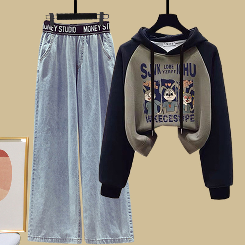 Denim suit# Spring and Autumn New Shoulder-fitting All-match Sweatshirt with Wide Legs and High Waist Elegant Slimming Jeans