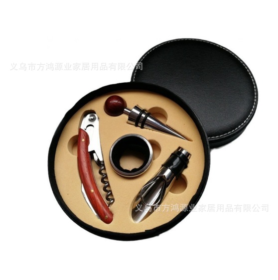 Black-A4 라운드 가죽 상자 와인 병 오프너 세트