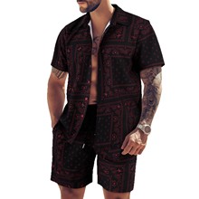 跨境休闲百搭男装两件套春夏季度假红色印花短袖衬衫短裤套装