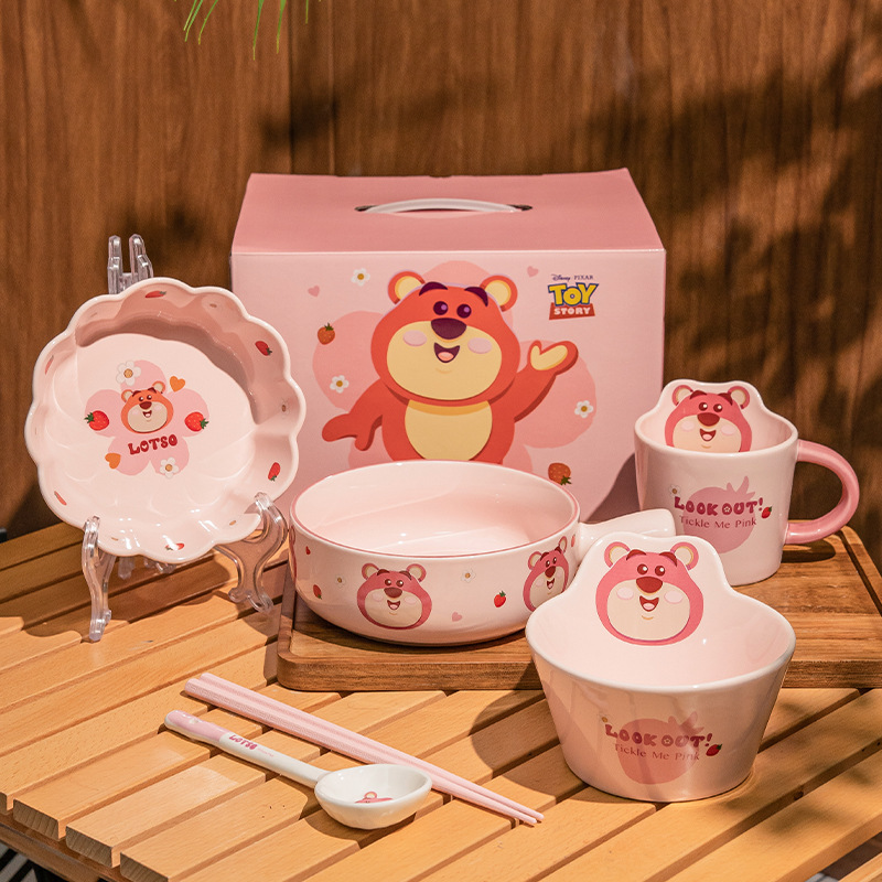 Conjunto de platos de cerámica de Steele, cuenco encantador, taza de agua, caja de regalo de fresa, oso, regalo de mujer, platos