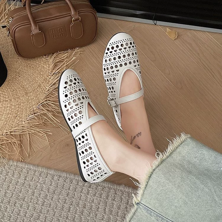 Летние новые французские балетки с перфорацией, плоские, с пряжкой, на низком ходу, туфли Мэри Джейн, женские, нишевый дизайн.