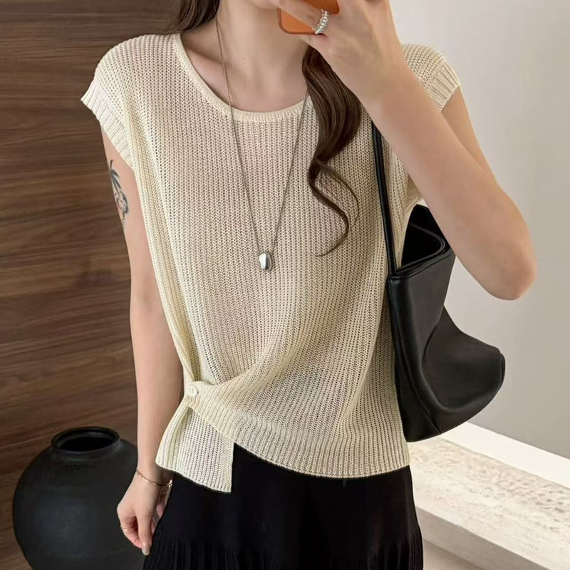 Knitted Ice Silk Top with Side Knot for Women, European Style 2026 Summer New Fashion Trendy T-Shirt Knitted Ice Silk Top with Side Knot for Women, European Style 2026 Summer New Fashion Trendy T-Shirt