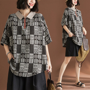 Real shot 2023 Summer new large size loose casual women's fat MM bamboo cotton linen vintage design shirt wholesale
