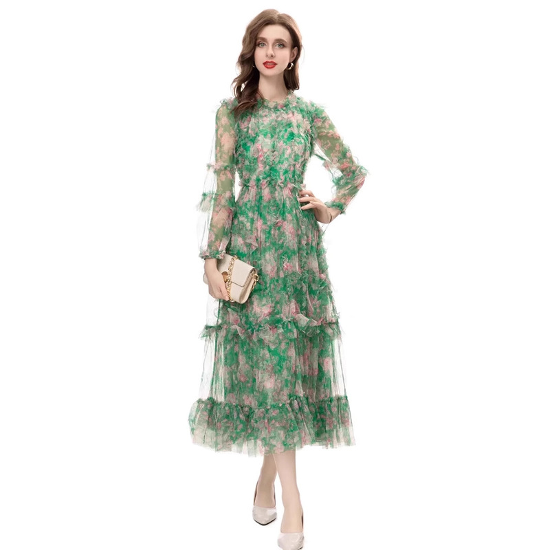 Forest Style Gentle Floral Mesh Dress for Women Spring Long-Sleeved Ruffled Layered Design Waist Slimming Fairy Skirt