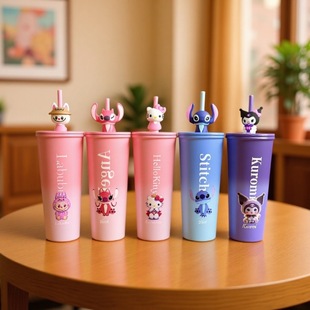 New Cartoon Pattern Thermos Cup 304 Stainless Steel Double-Layer Vacuum Female Series 2025 High-Looking Doll Straw Cup