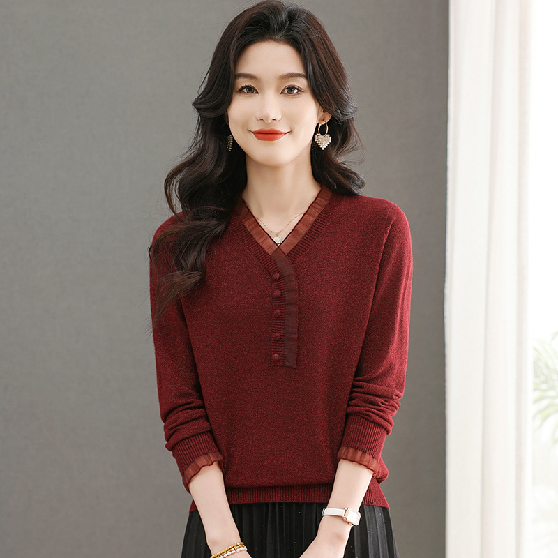 Fashionable V-Neck Knit Sweater for Women, Autumn Long-Sleeve Classic Simple Stylish Top, Luxurious Wool Base Shirt