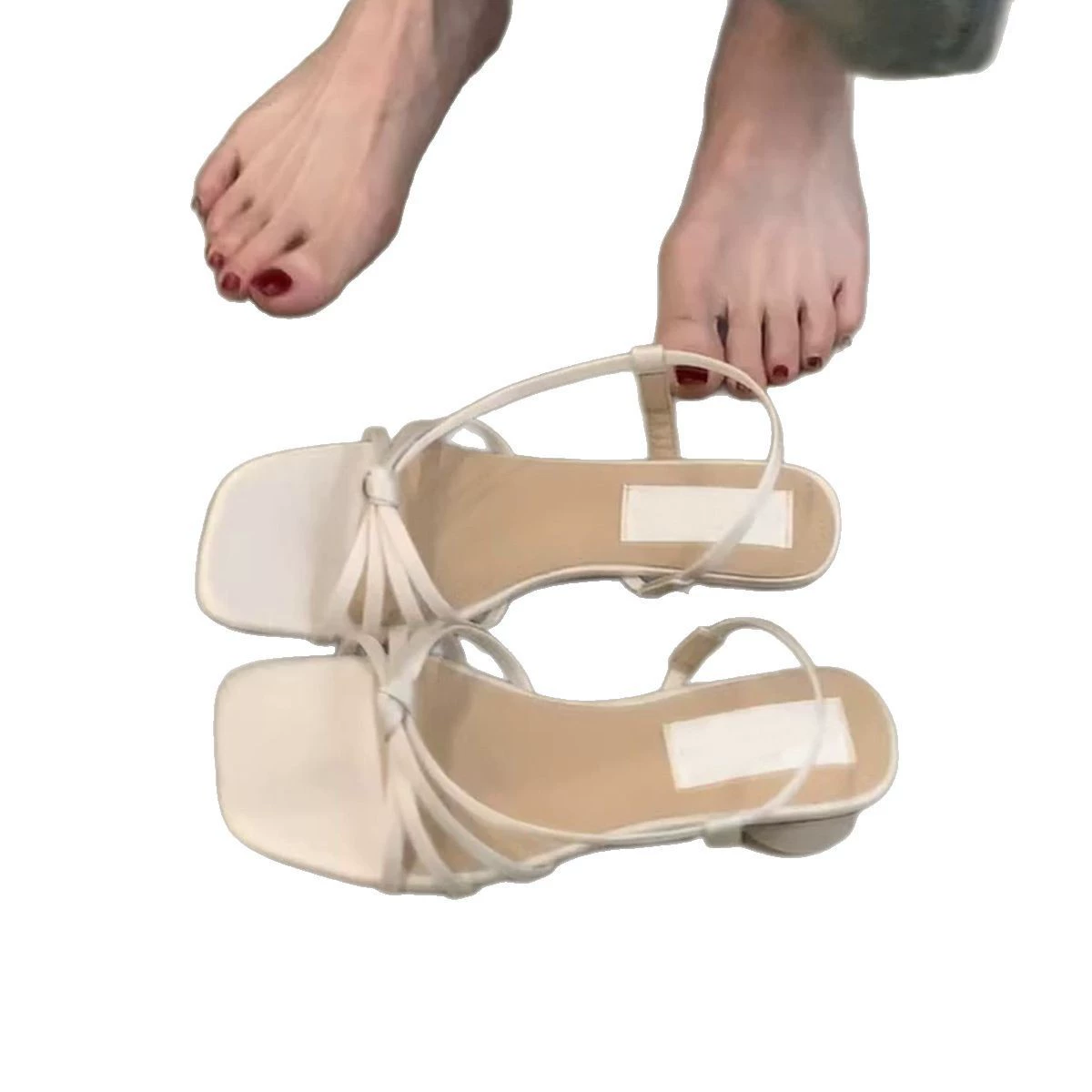 Sheepskin version ~ French gentle woven one-length strap fairy thick heel sandals open toe square toe temperament Roman sandals for women