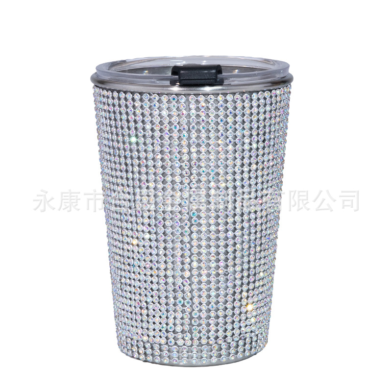 Taza de café incrustada en diamantes europea y americana nueva taza de paja de acero inoxidable 304 de una sola capa portátil taza de coche taza