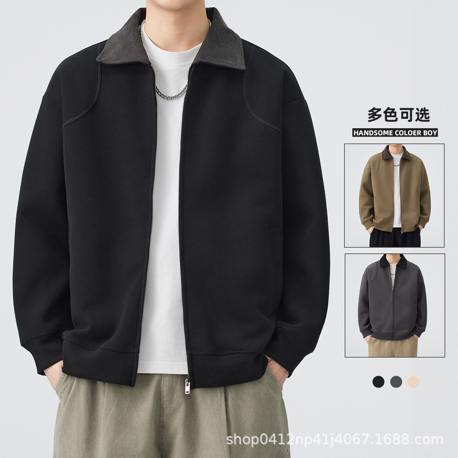 Black Lapel Cardigan Jacket for Men, Summer 2026 New Trendy Brand American Retro Heavy-Duty Casual Outerwear for Men