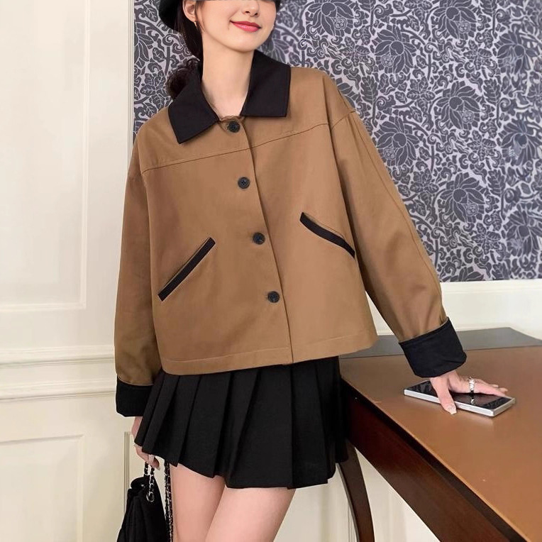 撞色拼接翻领小个子风衣外套女春秋季宽松休闲短款卡其色夹克上衣|undefined