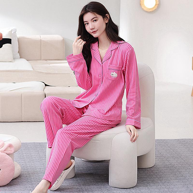 Women's Spring and Autumn Pure Cotton Long-Sleeved Cardigan with Breast Pads, Large Size, Bra-Free Home Wear Set