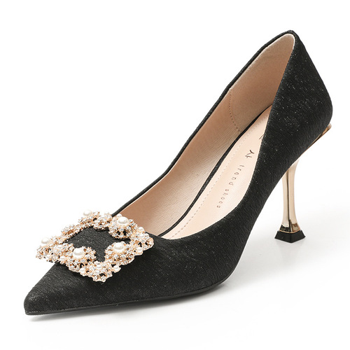 H876-78 Women's New High Heel Shoes, Pointed Toe, Low Cut, Commuting Shoes with Rhinestone and Square Buckle, Elegant Korean Style Thin Heel Shoes for Women