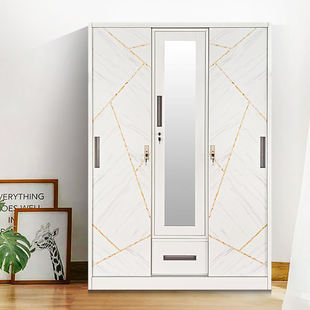 Steel Printed Cabinet with Customizable Pattern, Three-Door Steel Printed Locker with Drawers, Sliding Door Steel Wardrobe