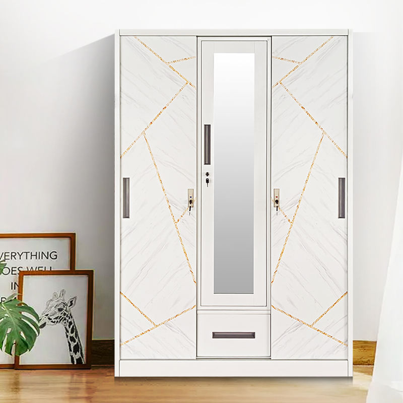 Steel Printed Cabinet with Customizable Pattern, Three-Door Steel Printed Locker with Drawers, Sliding Door Steel Wardrobe