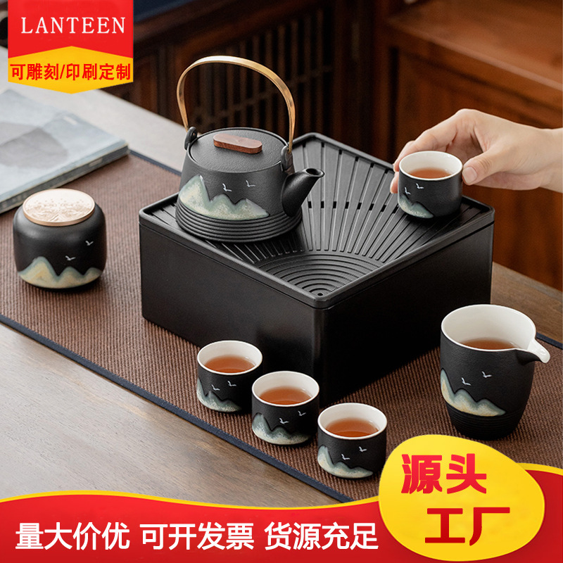 Black clay Yanshan Gongfu tea set ceramic teapot dry brewing tea tray outdoor portable storage box small tea set 