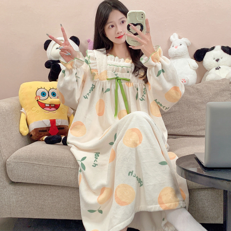 Winter Korean Style Women's Long-Sleeved Nightgown Lace Square Collar Flannel Sweet Fresh Style Warm Thickened dress Trendy Winter Korean Style Women's Long-Sleeved Nightgown Lace Square Collar Flannel Sweet Fresh Style Warm Thickened dress Trendy