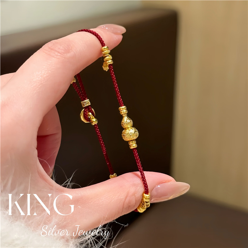 550红绳福禄手链|925银镀金葫芦造型编织新中式银饰串珠红绳手链|undefined