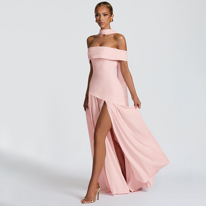 European and American Cross-Border Summer New Style Sexy Off-Shoulder Raglan Solid Color Slim Long Slit Ribbon Dress Women's Clothing