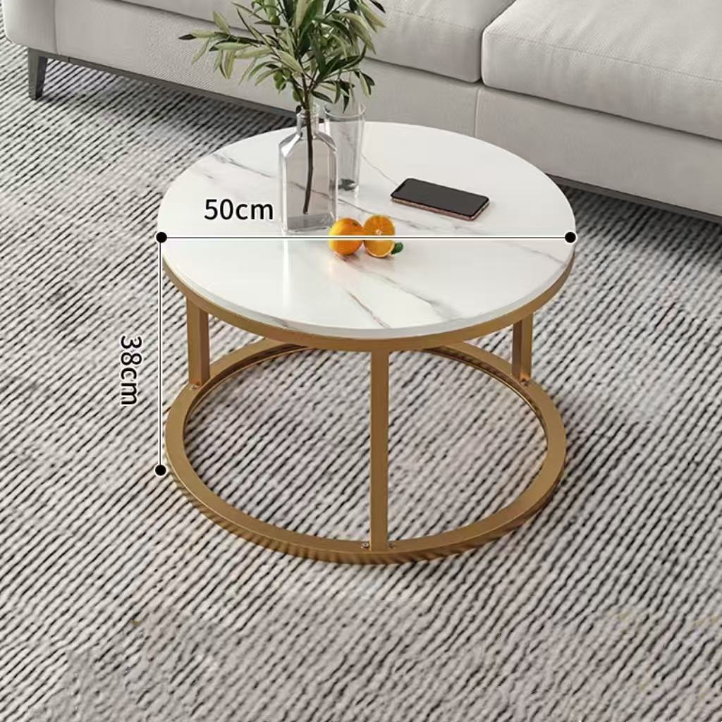 Juego de mesas de centro redondas estilo minimalista lujo ligero, estructura metálica y diseño mármol.