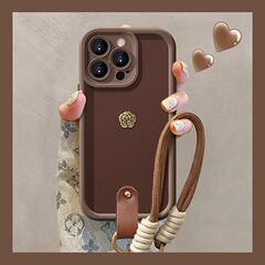 立体ツバキの花の掛け縄はリンゴの16promaxの携帯の箱の15のシリコンの小さい羊の皮の14復古の美ラードを適用します。