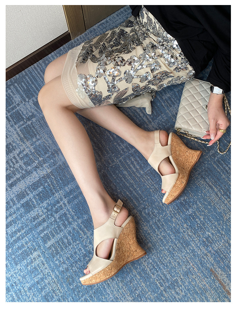 Sandal cao gót nữ da bò thật đế xuồng platform mũi hở gót siêu cao 2025 — nâu, Tím, Màu trắng nhạt chi tiết 3