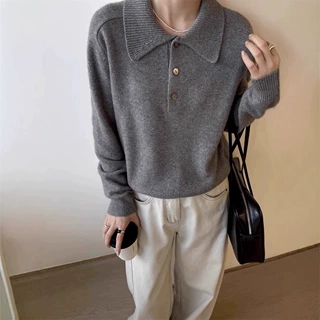 秋冬100%纯羊毛衫女加厚针织衫宽松毛衣上衣POLO领打底内搭套头