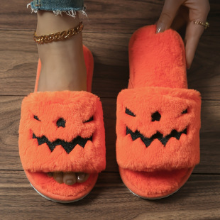 I 96374 Halloween pumpkin fleece slide slippers �f�}�Ϲϟ�ë