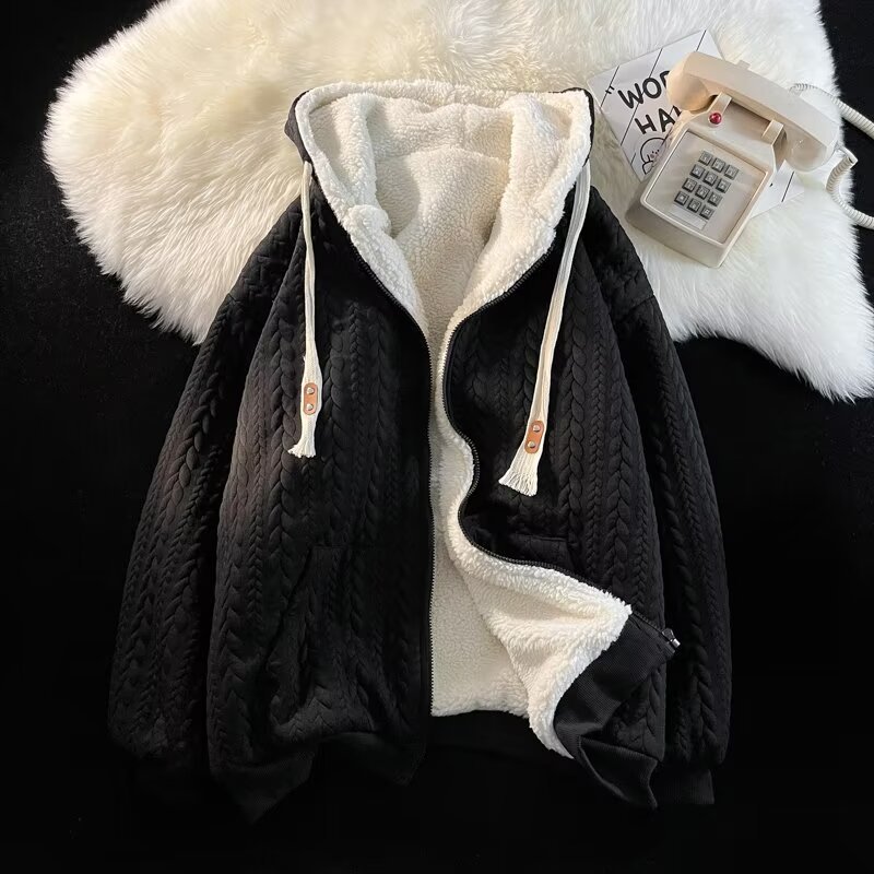 羊羔毛绒外套男日系加绒加厚情侣连帽上衣港风宽松秋冬装开衫卫衣