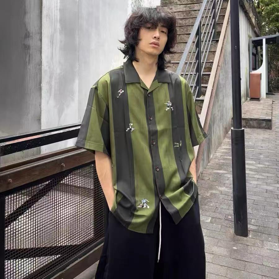 Summer New Short-Sleeved Printed Shirt Men's Shirt Lapel Casual Fashion Striped Shirt Thin Short-Sleeved Cardigan