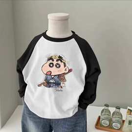 男童新款T恤宝宝撞色拼接内搭长袖卡通中大童春秋纯棉打底上衣潮