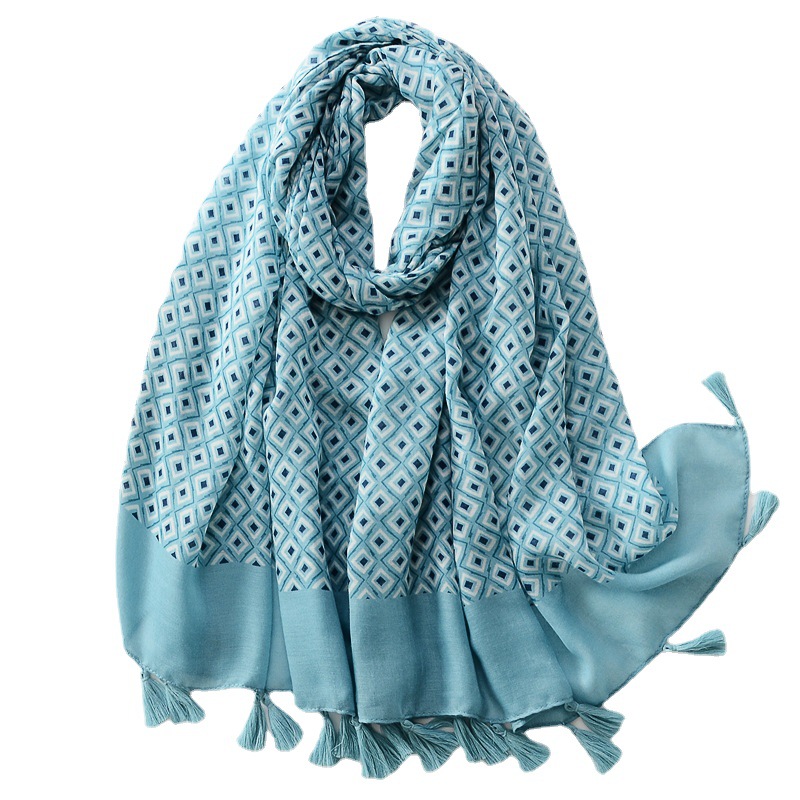 El comercio exterior de exportación geométrica impresión cuadrada decorativa de algodón y lino siente la bufanda de primavera y verano viajes fina bufanda de seda protector solar chal