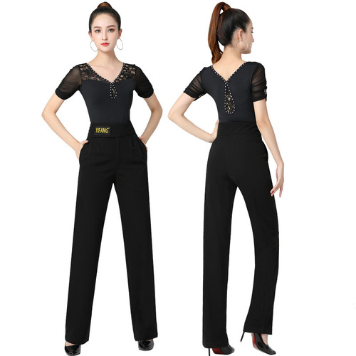 Dance Pants Women Long Pants Modern Dance International Standard Ballroom Dance Swing Jive High-Waisted Elastic Wide Leg Pants Square Dance Dancing Pants