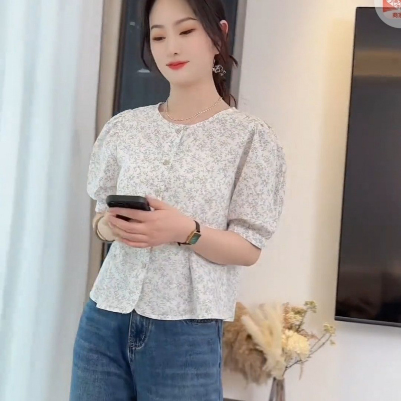 碎花短袖圆领衬衫女2025春夏新款设计感小众泡泡袖衬衣上衣通勤|undefined