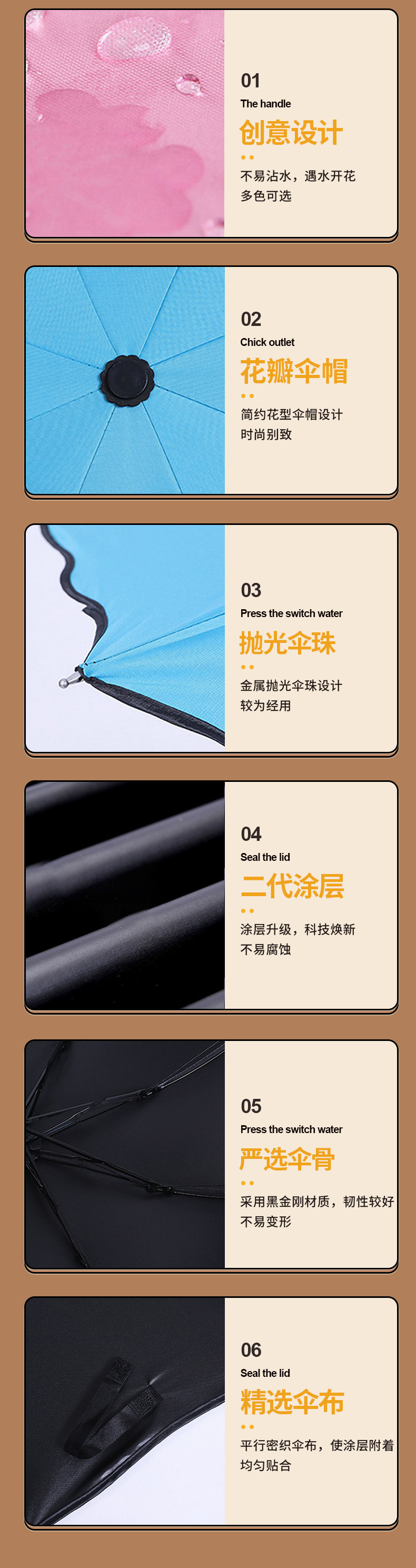 批发定制三折遮阳黑胶DIY广告伞八骨晴雨两用手动遇水开花雨伞详情9