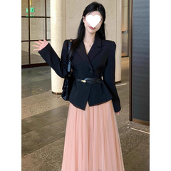 【店頭売れ筋】塩系軽熟お姉様気質女神風高級職場黒ジャケットとガーゼスカート2枚