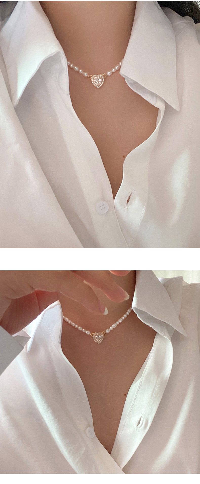 Elegant Heart Shape Pearl Inlay Rhinestones Necklace 1 Piece