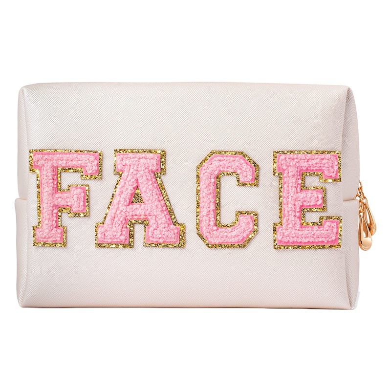 Amazon parche carta maquillaje bolsa con Rosa chenille letras PU cuero impermeable bolsa de cosméticos
