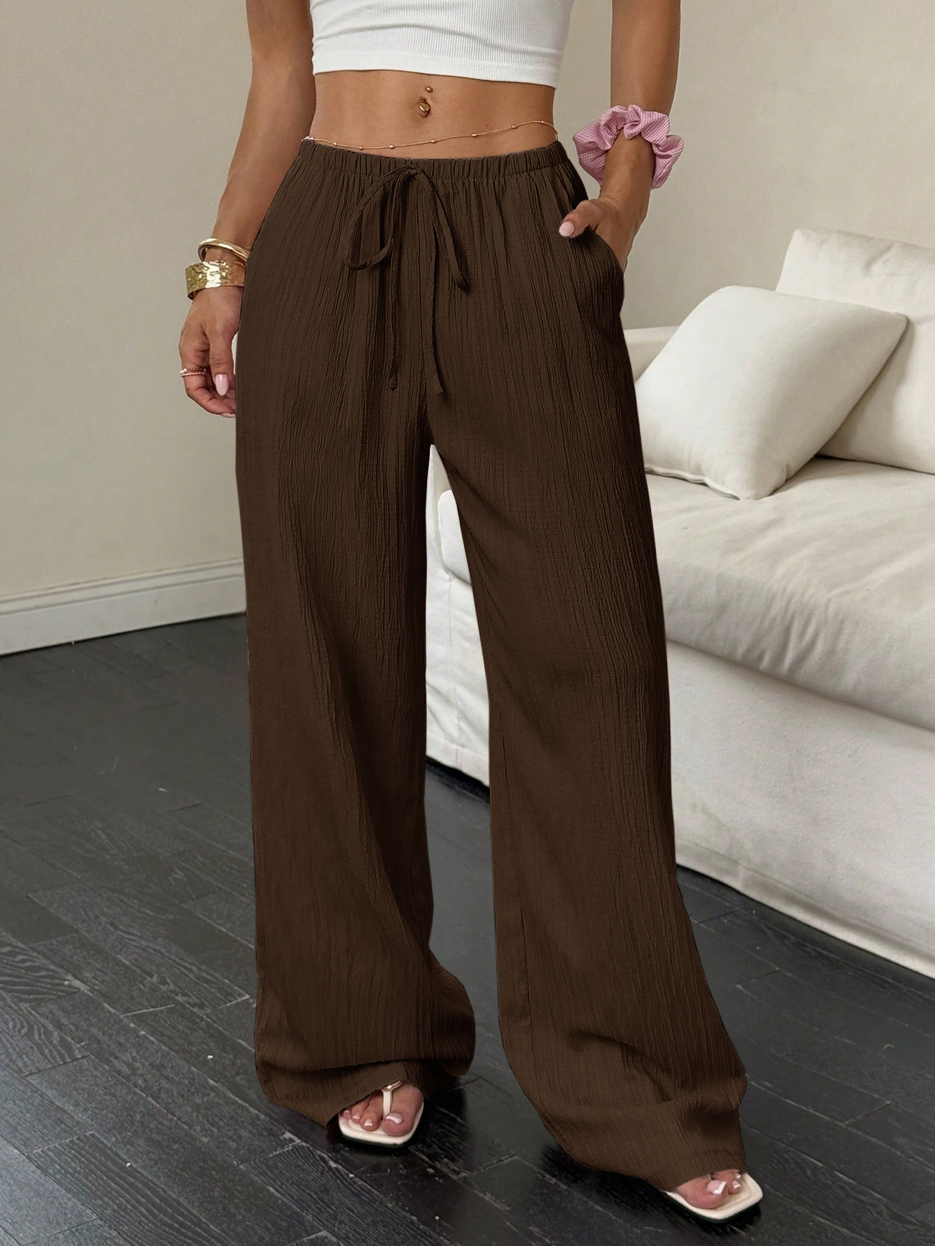 Damen Weithosen Freizeithose Mit Knotentaille Strukturstoff_voghion.com