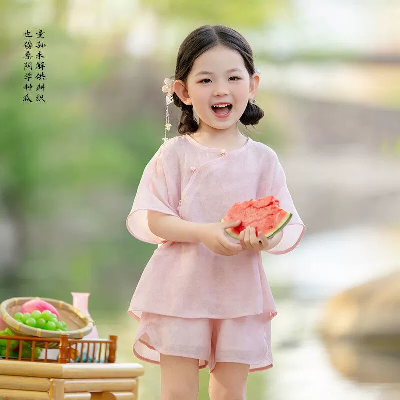 Новый костюм для девочек в китайском стиле с короткими рукавами и шортами, лето 2025, детский милый костюм для девочек в китайском стиле