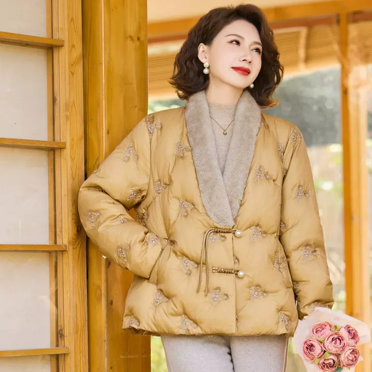 冬季妈妈羽绒服外套保暖时尚女装中老年女国风气质防寒鸭绒服上衣