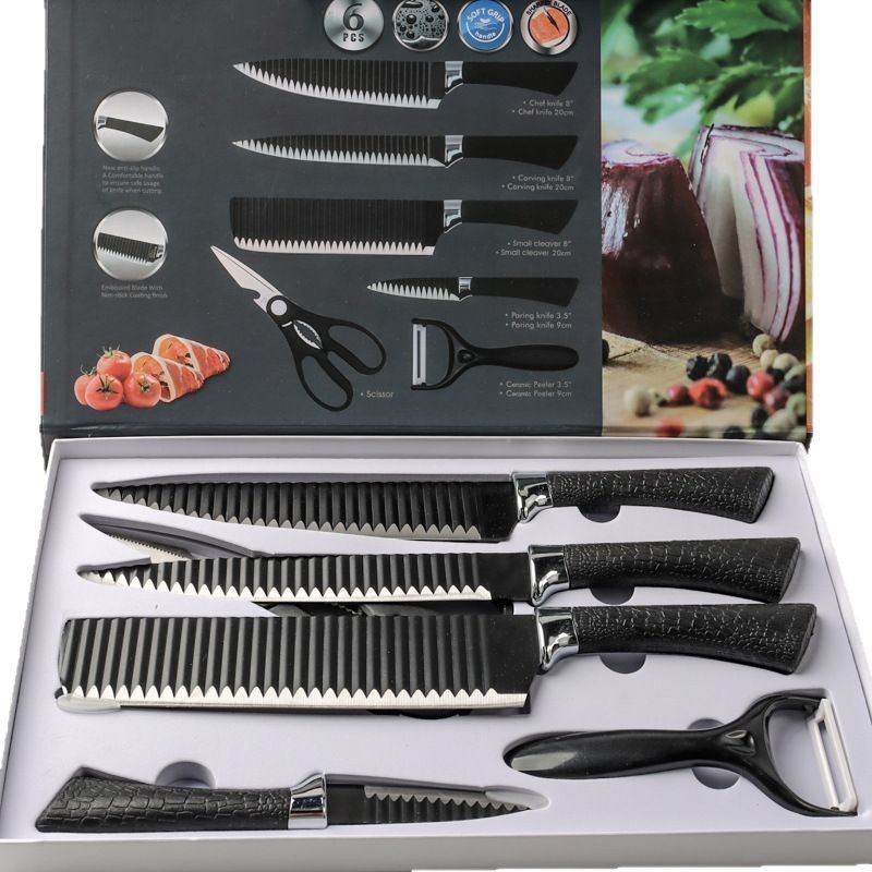 Onda negra 238A cuchillos de seis piezas ondulados caja de regalo cuchillos de cocina de acero inoxidable conjunto de cuchillos al por mayor