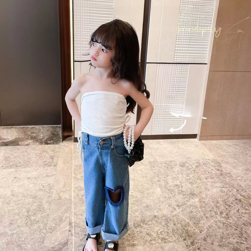 Baby Girl Summer V-Neck T-Shirt Cute Kids Fashion Brand Hong Kong Style Korean Version Shoulder-Strap Trendy Letter Camisole Top