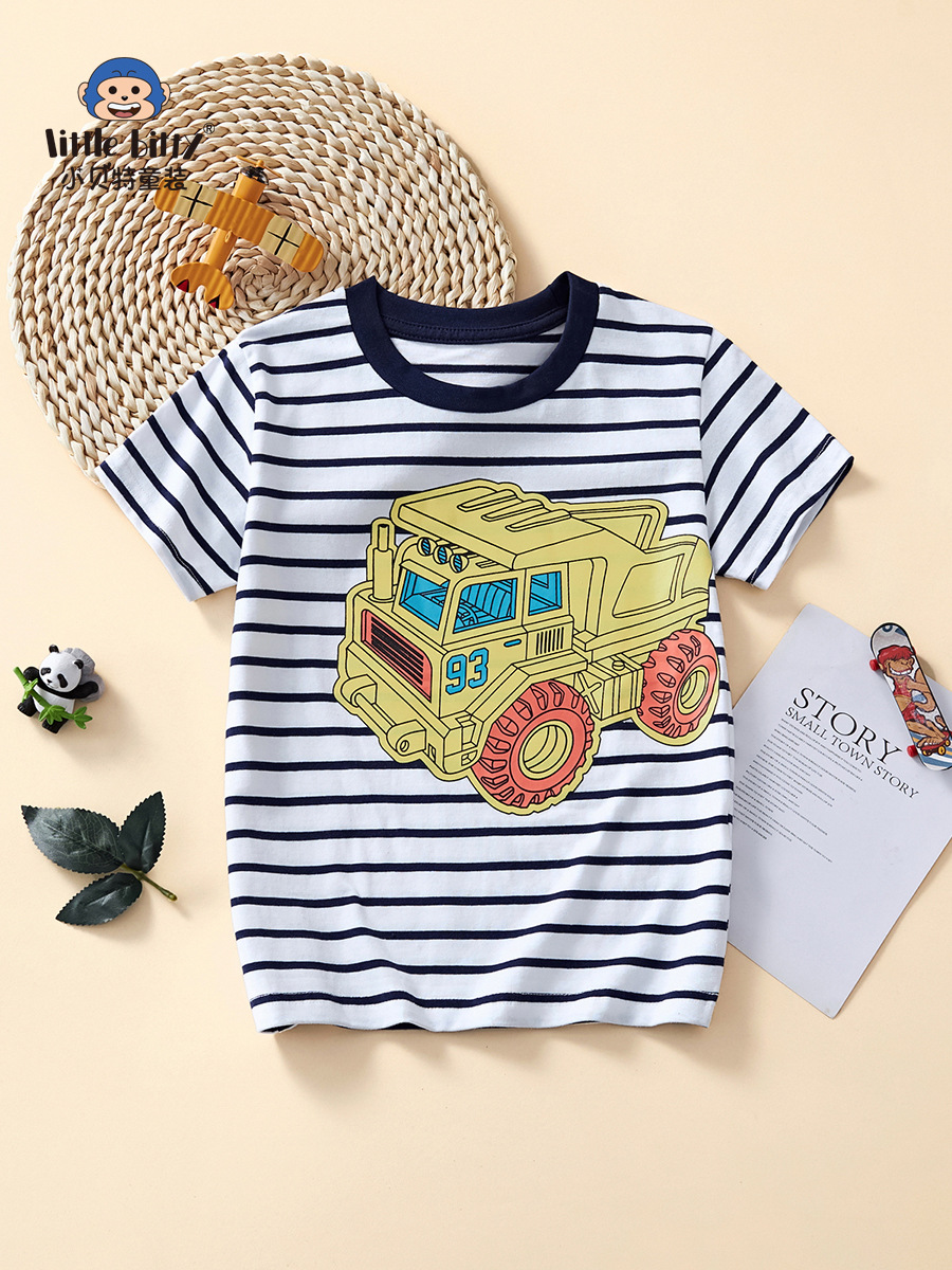 2025 New Summer Kidsren's Short-Sleeved Casual Stripesd T-Shirt Boys Round Neck Half-Sleeved European and American Cartoon Car Print