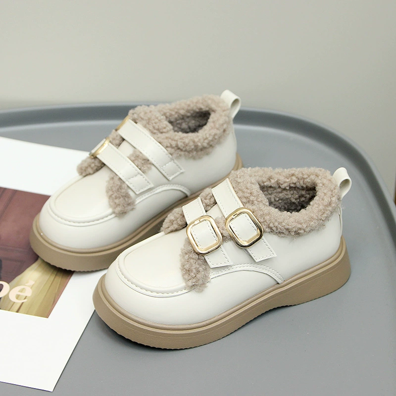 Fleece-Lined Demi-Season Kids Shoes, English/British Style for Princess, Soft Plush Cozy Sole