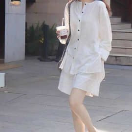 老钱风棉麻衬衫套装女夏季时尚气质新品松弛感防晒衬衣短裤两件套