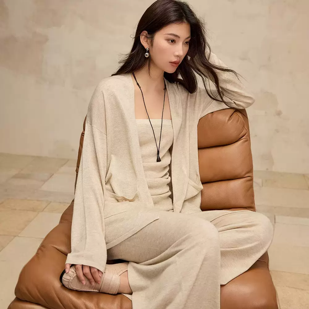 御姐范桑蚕丝针织开衫内搭裹胸春季女装阔腿裤三件套新款时尚套装