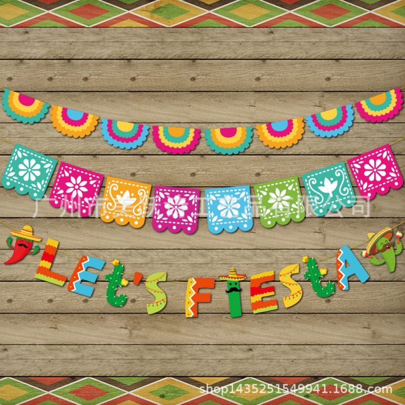 Bandera de fiesta de Carnaval mexicano europeo y americano-tirando de la tarjeta-insertando la decoración de la escena del festival bandera-tirando de la torta plug-in