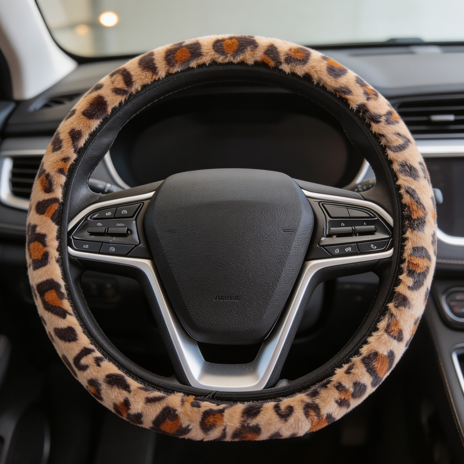 Leopard print short plush steering wheel cover without inner ring, anti-slip, warm, sweat-absorbent car handle cover, popular cross-border product